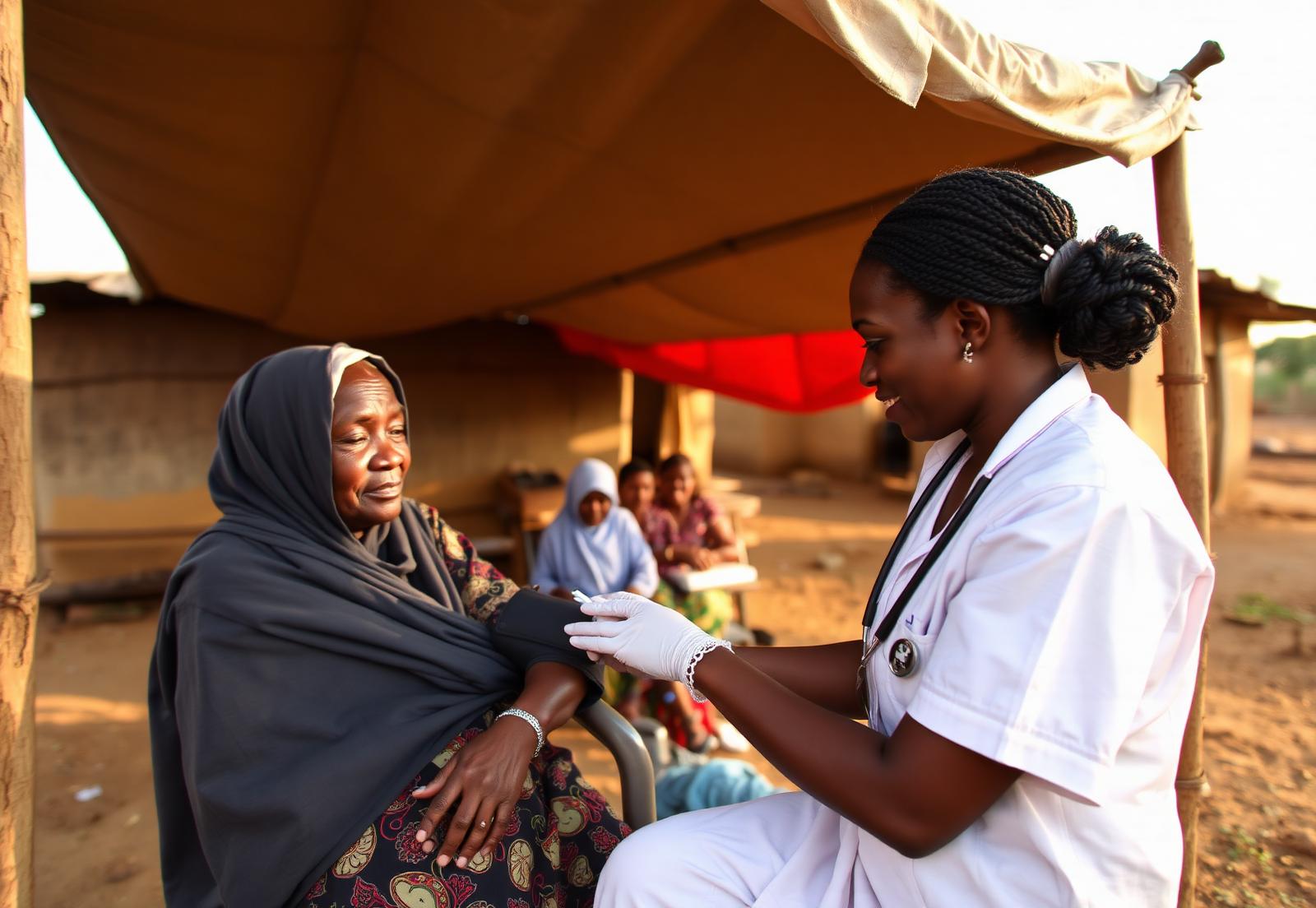 A nurse checking an elderly woman's blood pressure at a village screening clinic