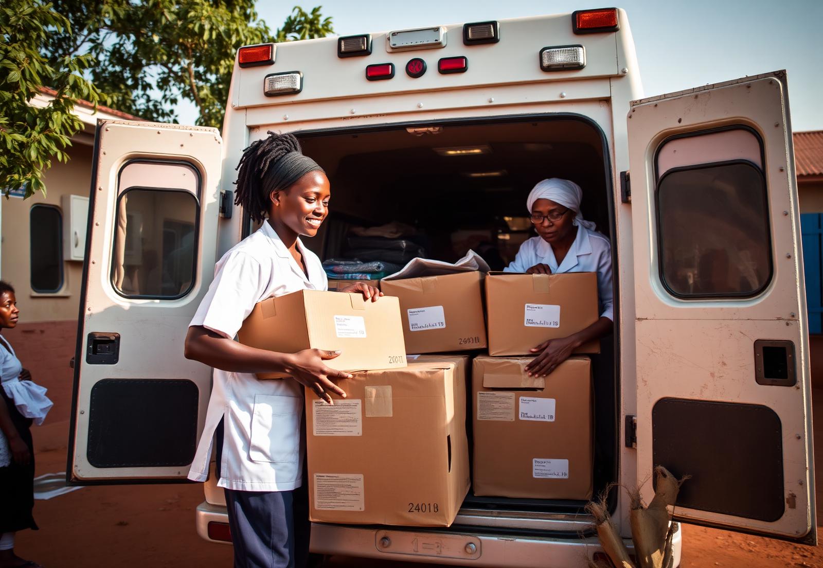 Volunteers loading medical supplies into a Chapel Vibes ambulance